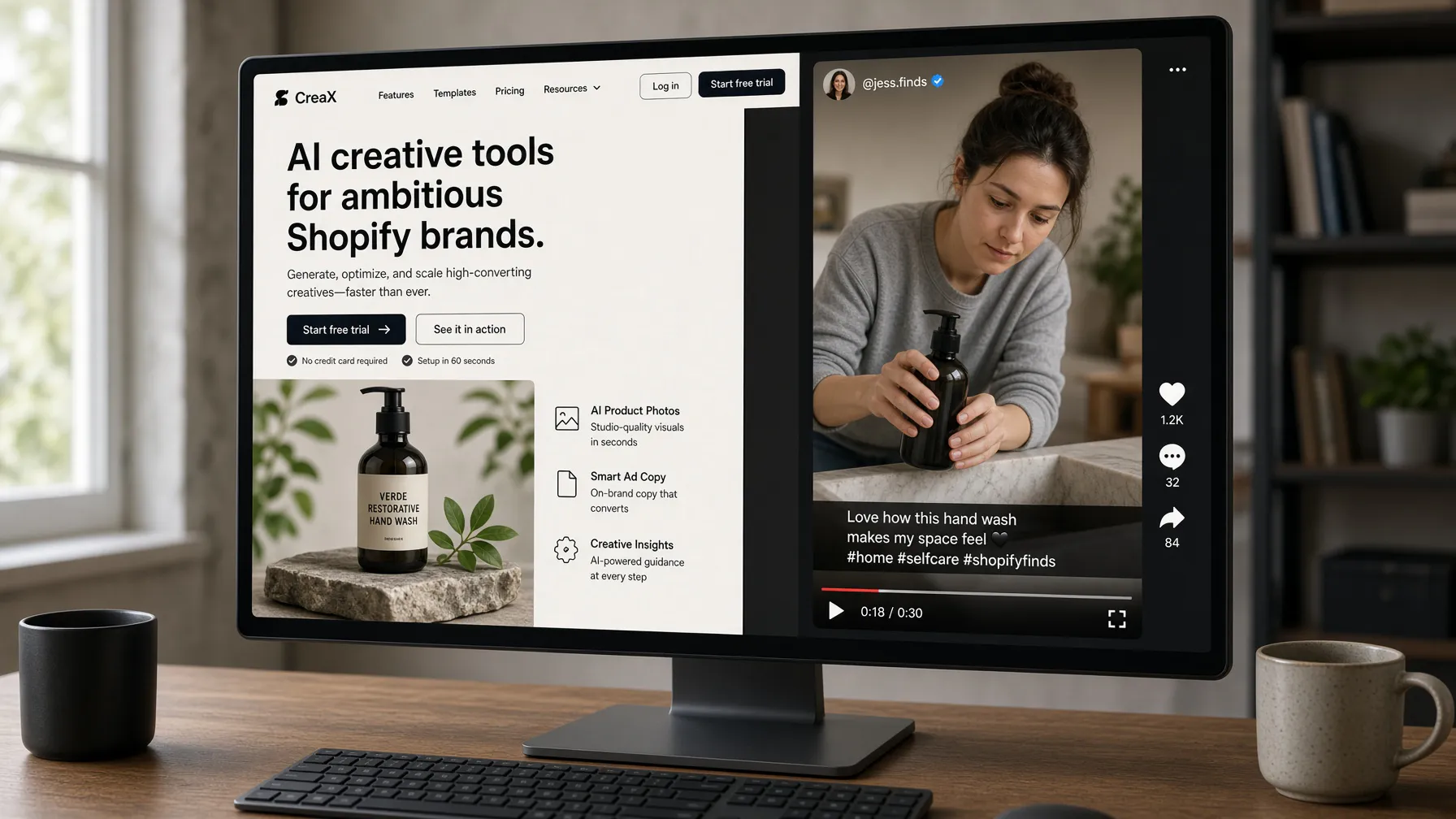 CreaX landing page and UGC video ad examples.