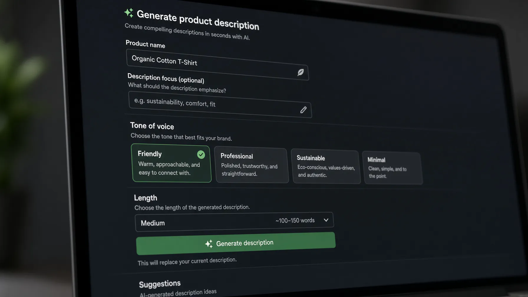 Shopify Magic interface for text content generation.