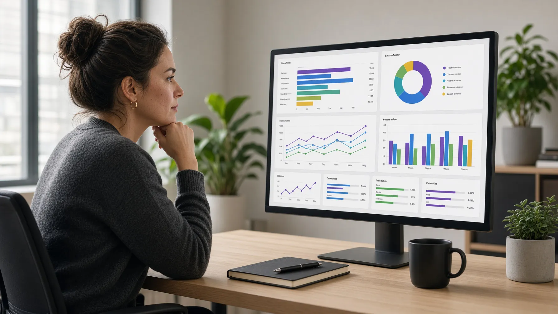 Media buyer analyzing ad performance on a monitor