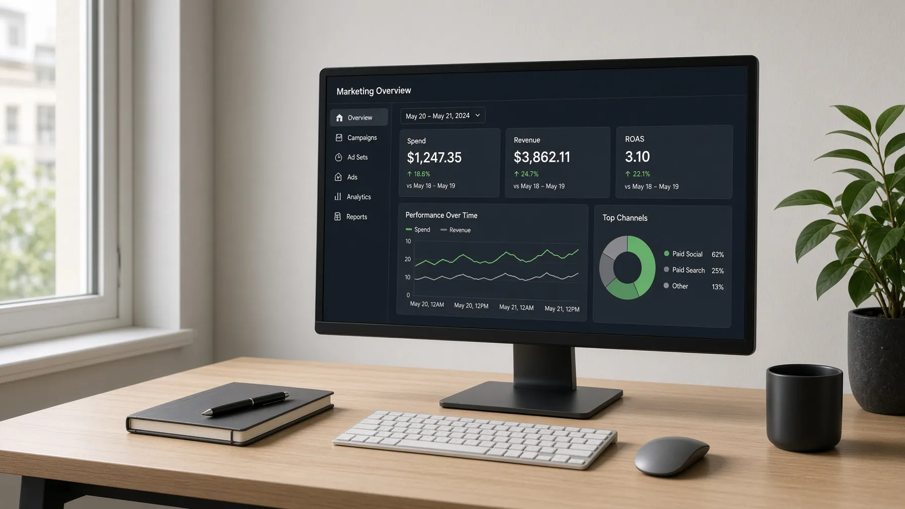 A clean, organized workspace for digital marketing tasks.
