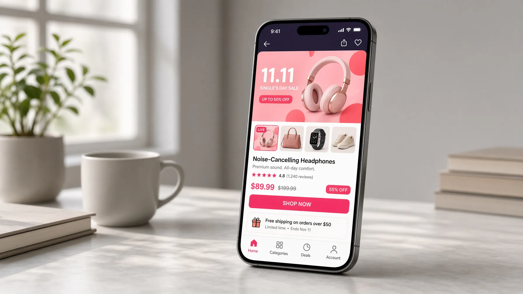 Modern ecommerce product page design on a smartphone screen.