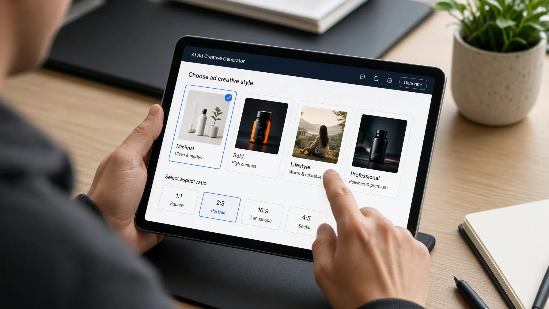 Designer selecting ad creative styles on a tablet