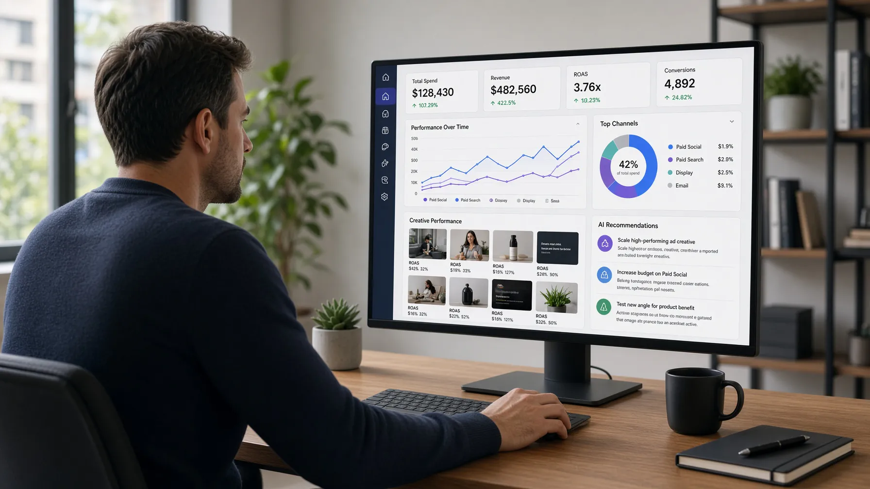 Marketing professional analyzing creative assets on a dashboard