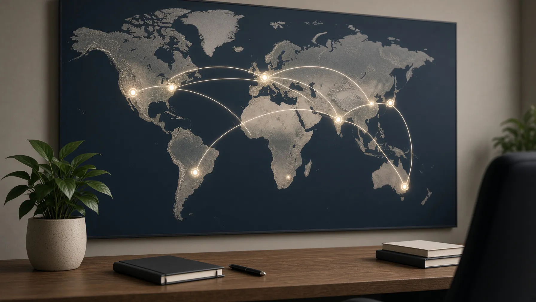 Global map highlighting international market expansion