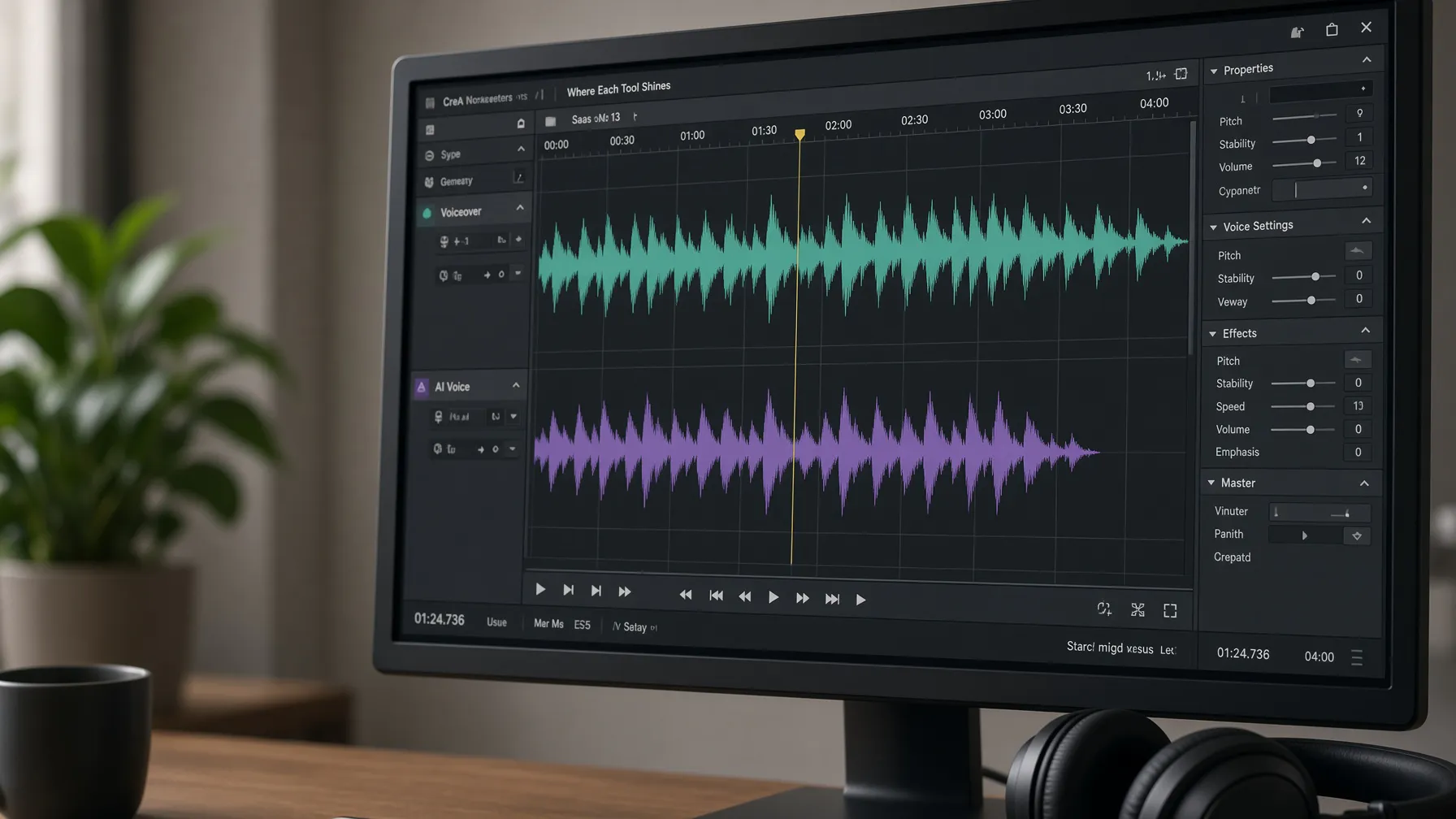 An audio editing interface showing sound waves for voiceover production.