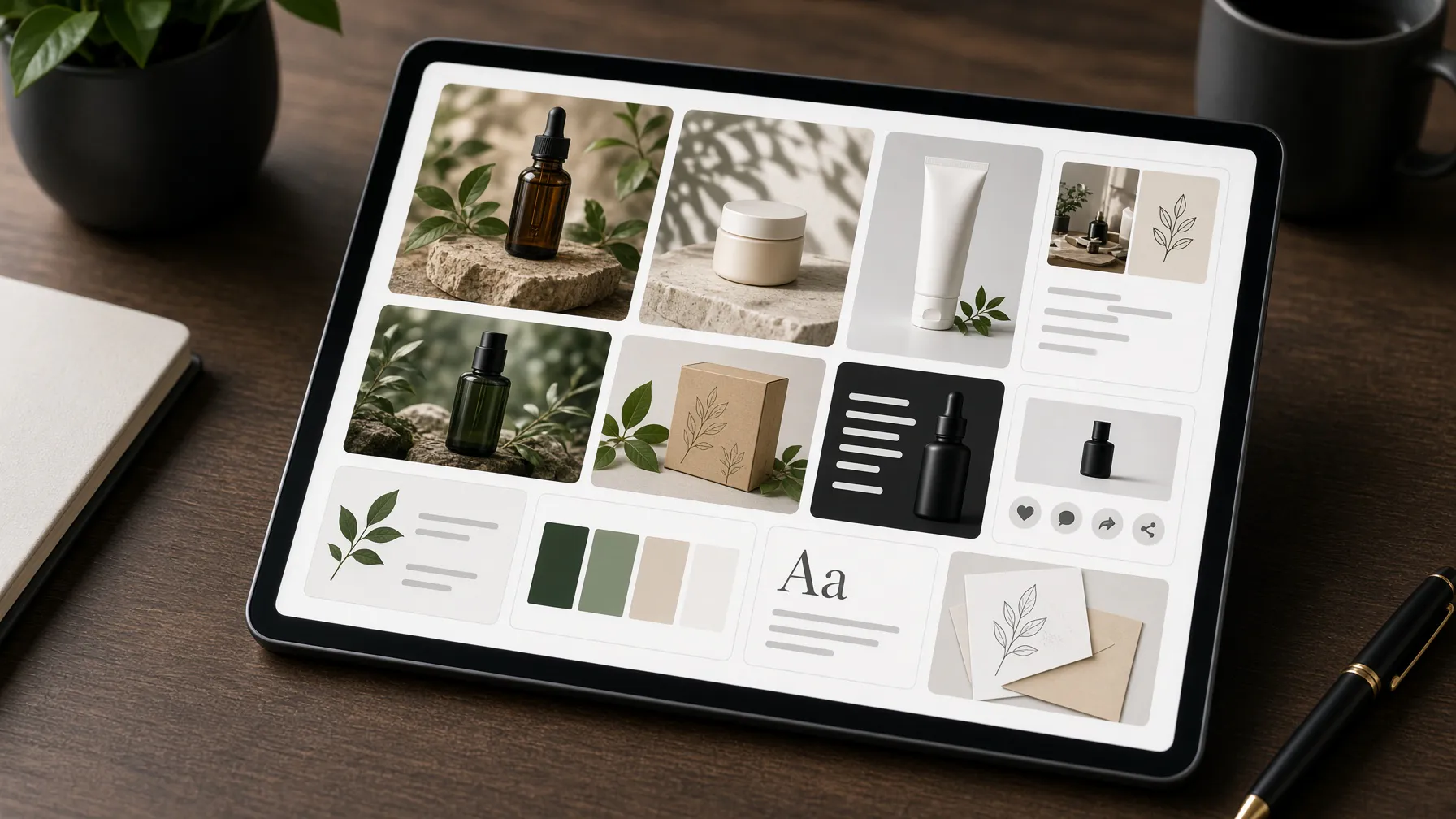 Organized product marketing assets on a tablet