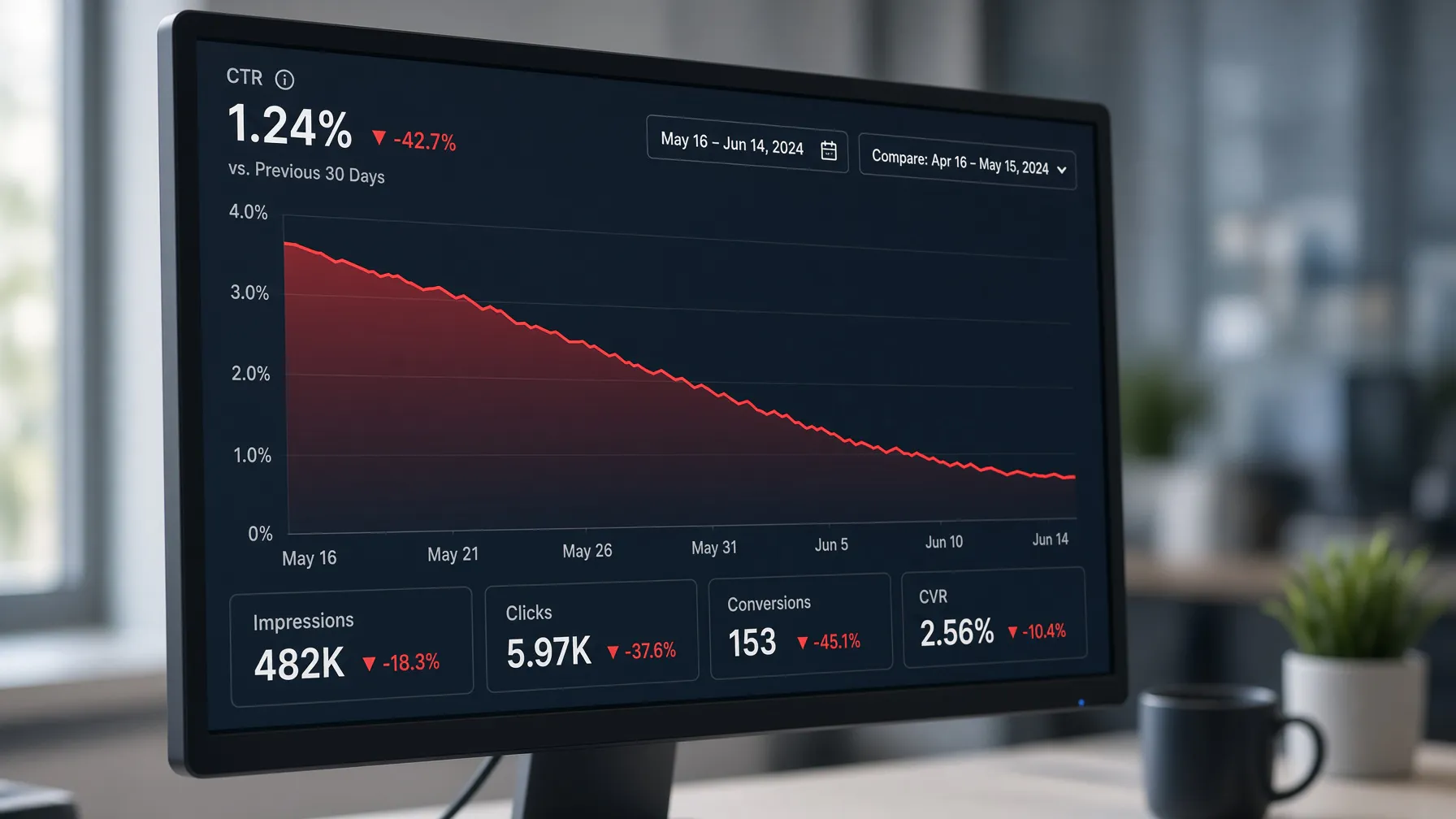 Digital dashboard showing declining ad performance metrics