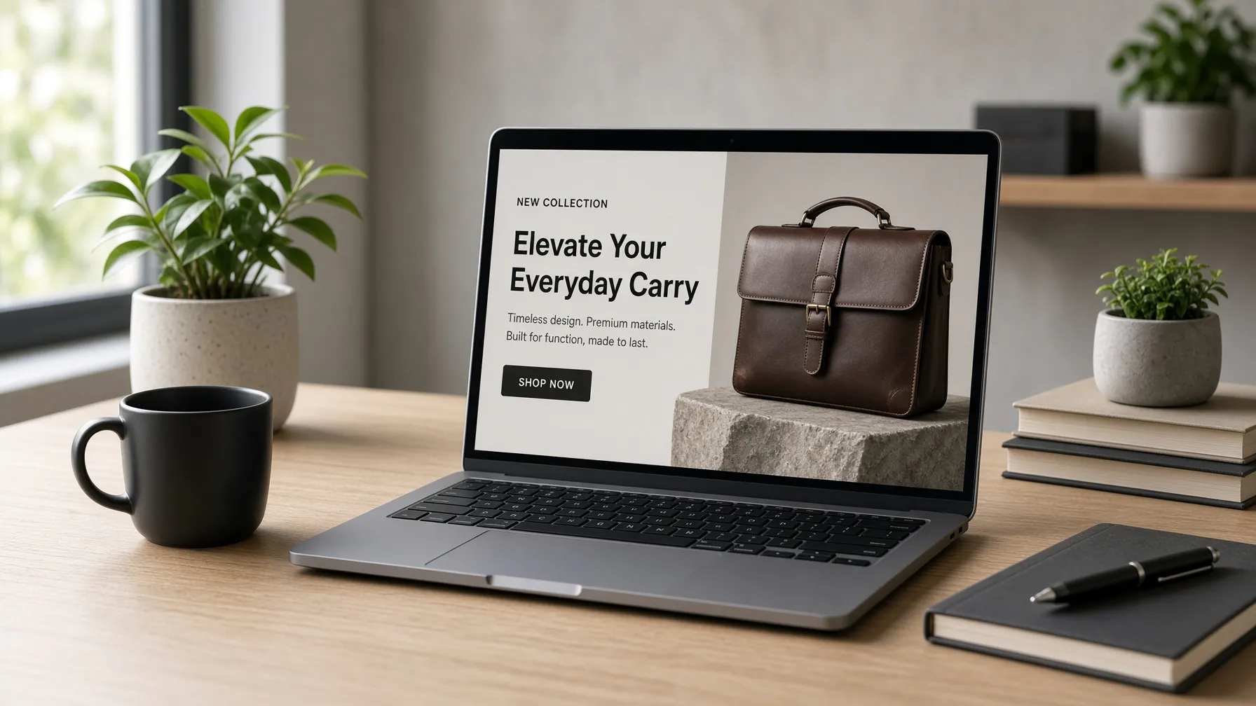 Modern workspace with an ecommerce ad on a laptop screen