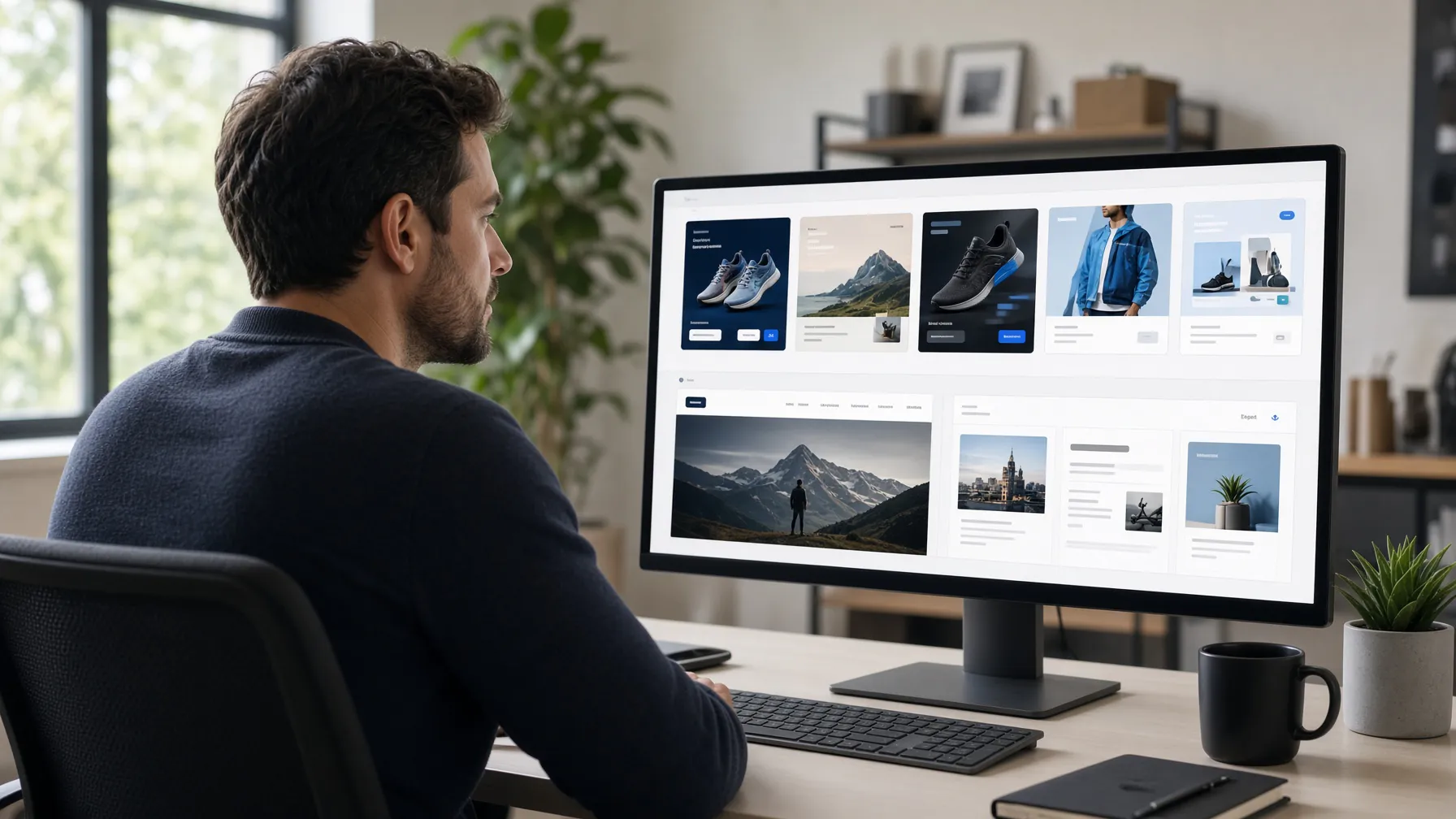 A digital marketer reviewing ad creative layouts on a computer screen.