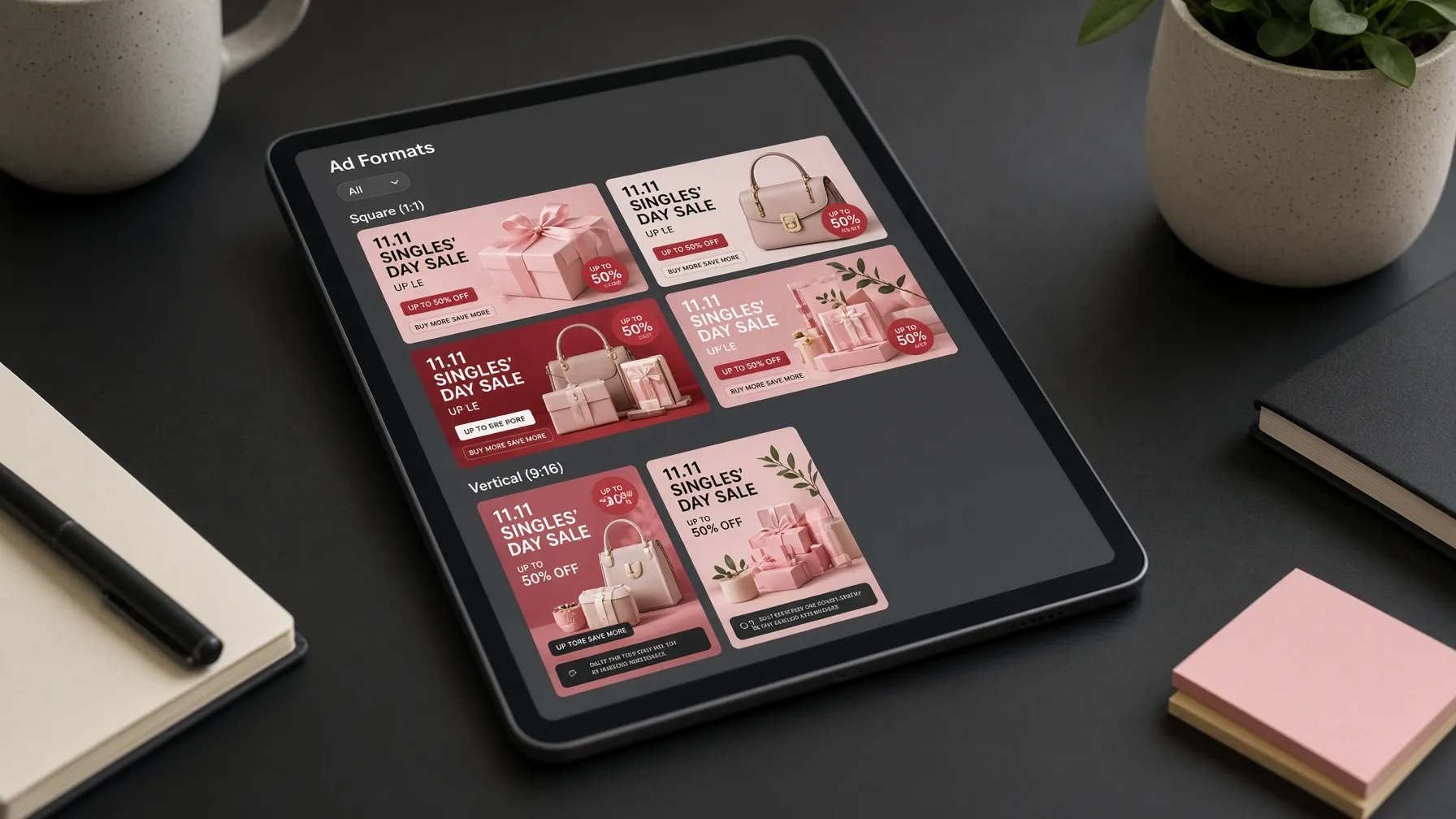 Various ad image formats displayed on a tablet screen.