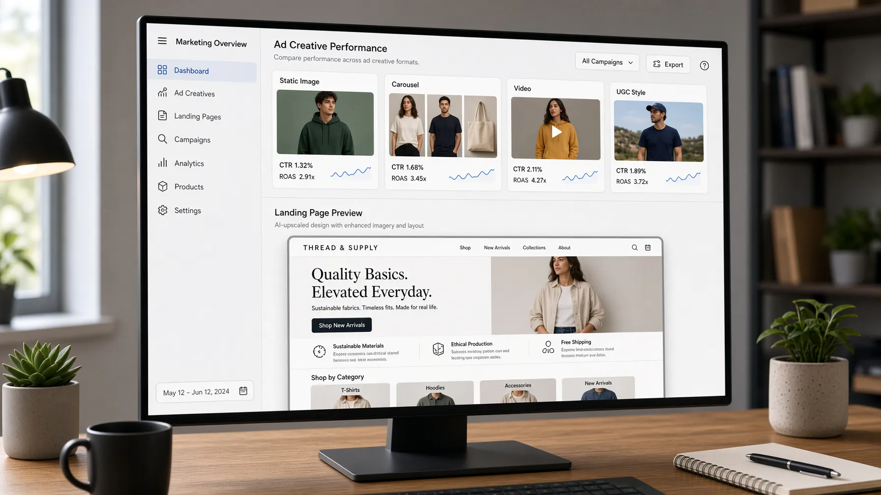 Digital marketing dashboard showing ad creatives and landing pages