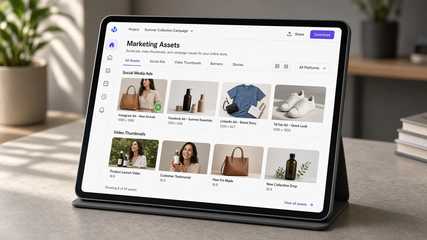 Marketing dashboard showing diverse ad assets