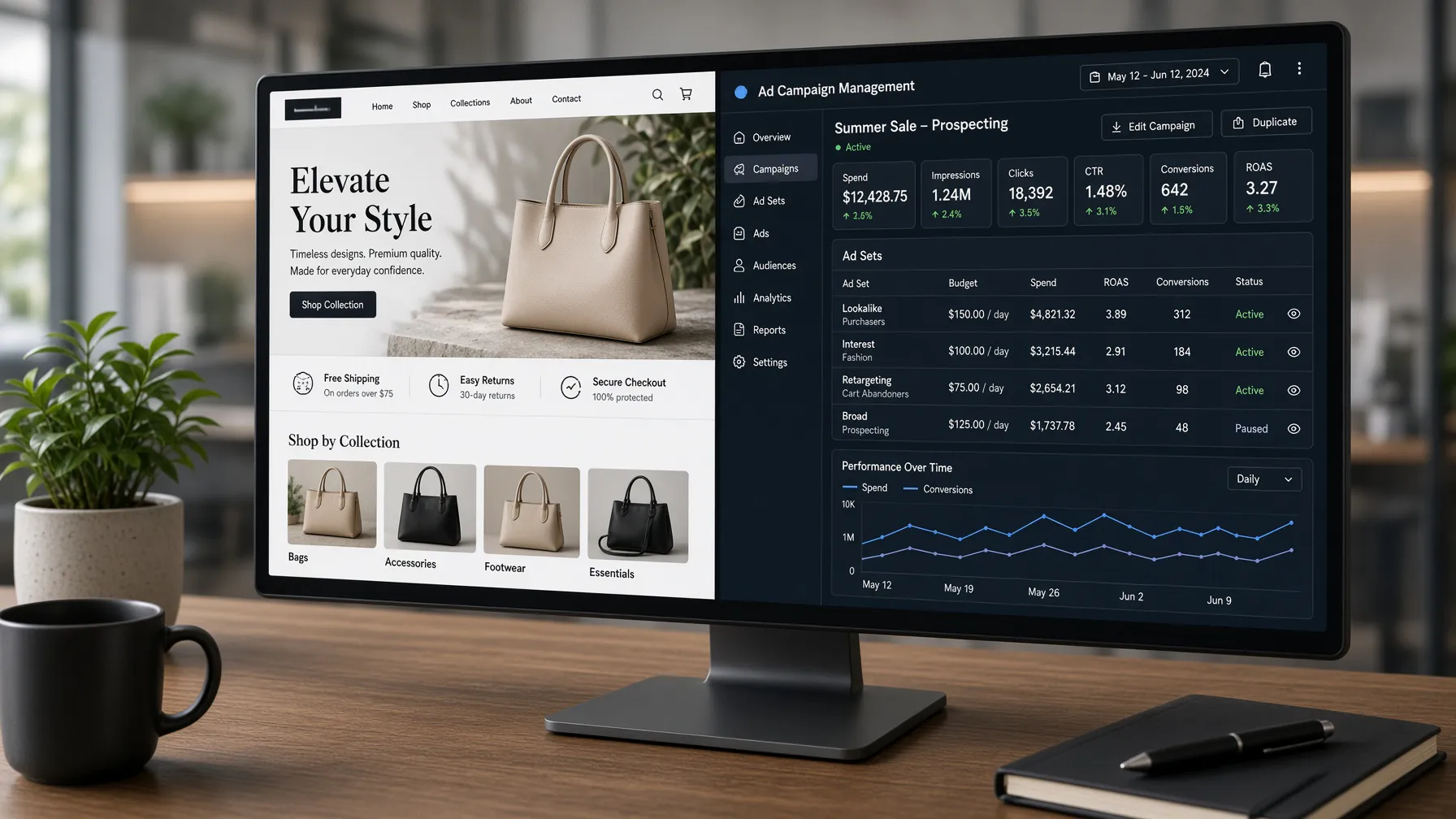 Visual representation of landing page design and ad campaign management