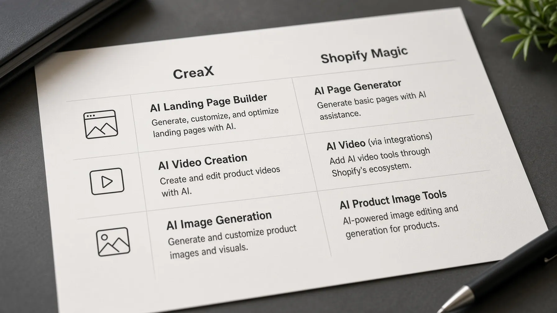 Visual comparison of CreaX and Shopify Magic features.