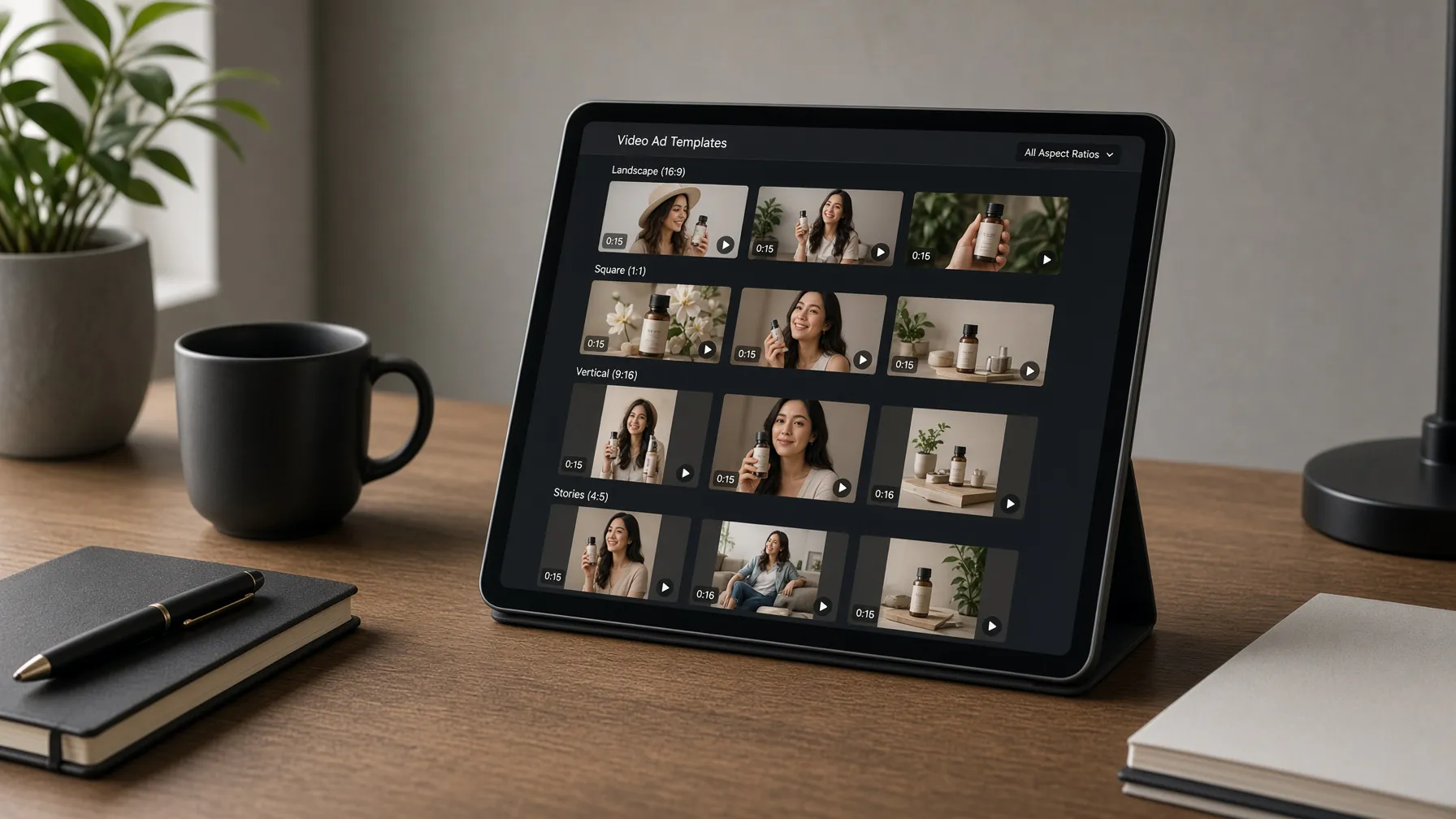 Digital interface showing video ad templates and aspect ratios