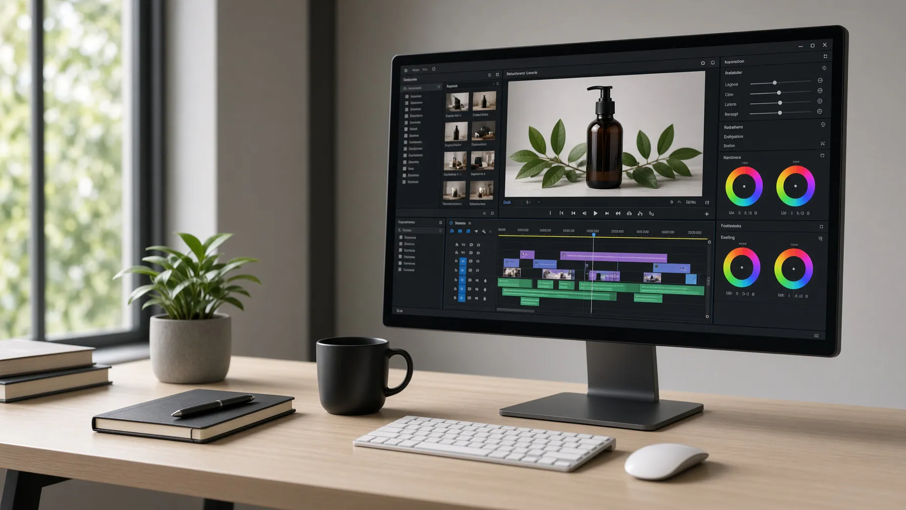 Professional video editing workspace