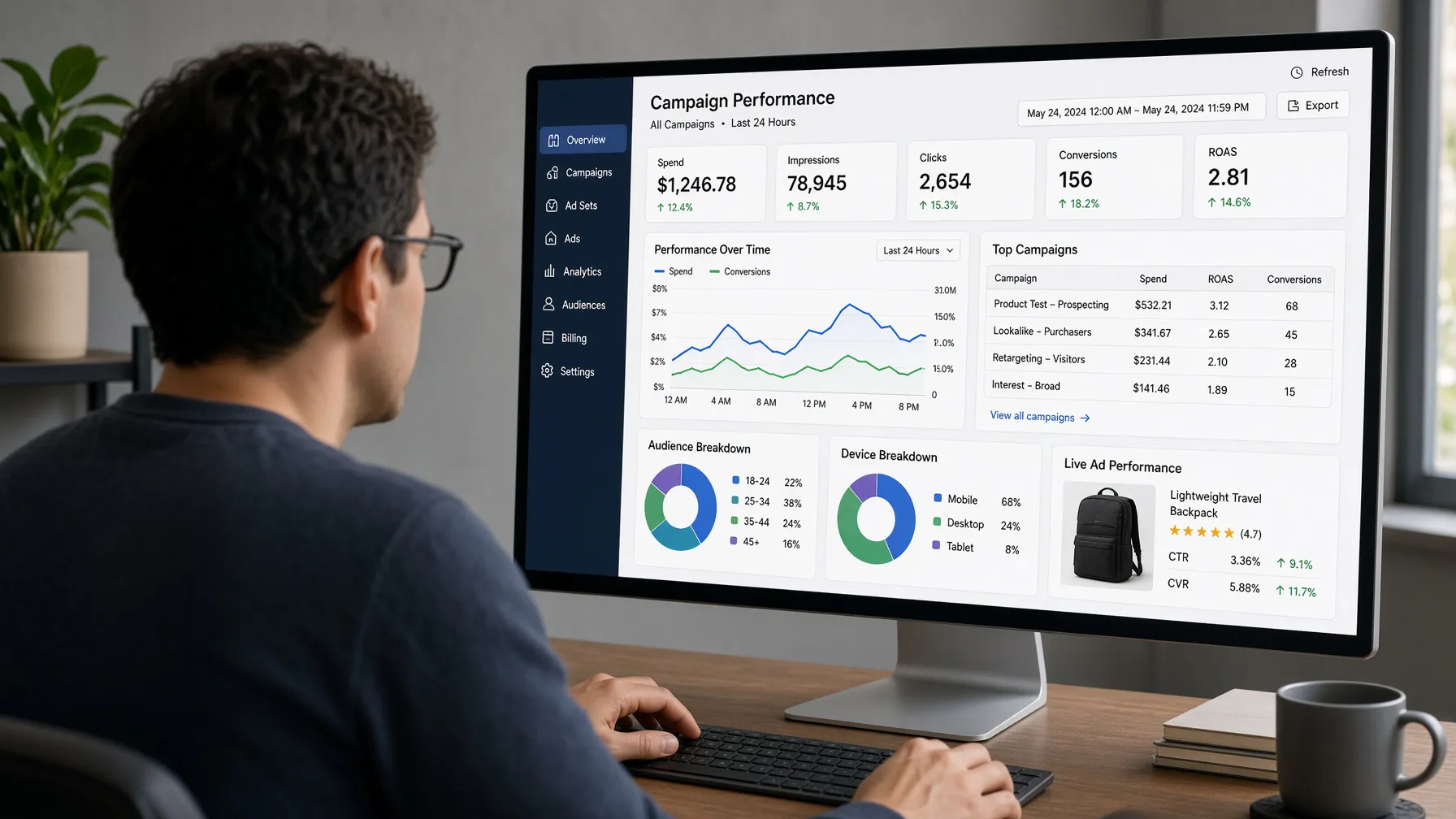 Monitoring live ad campaign performance metrics.