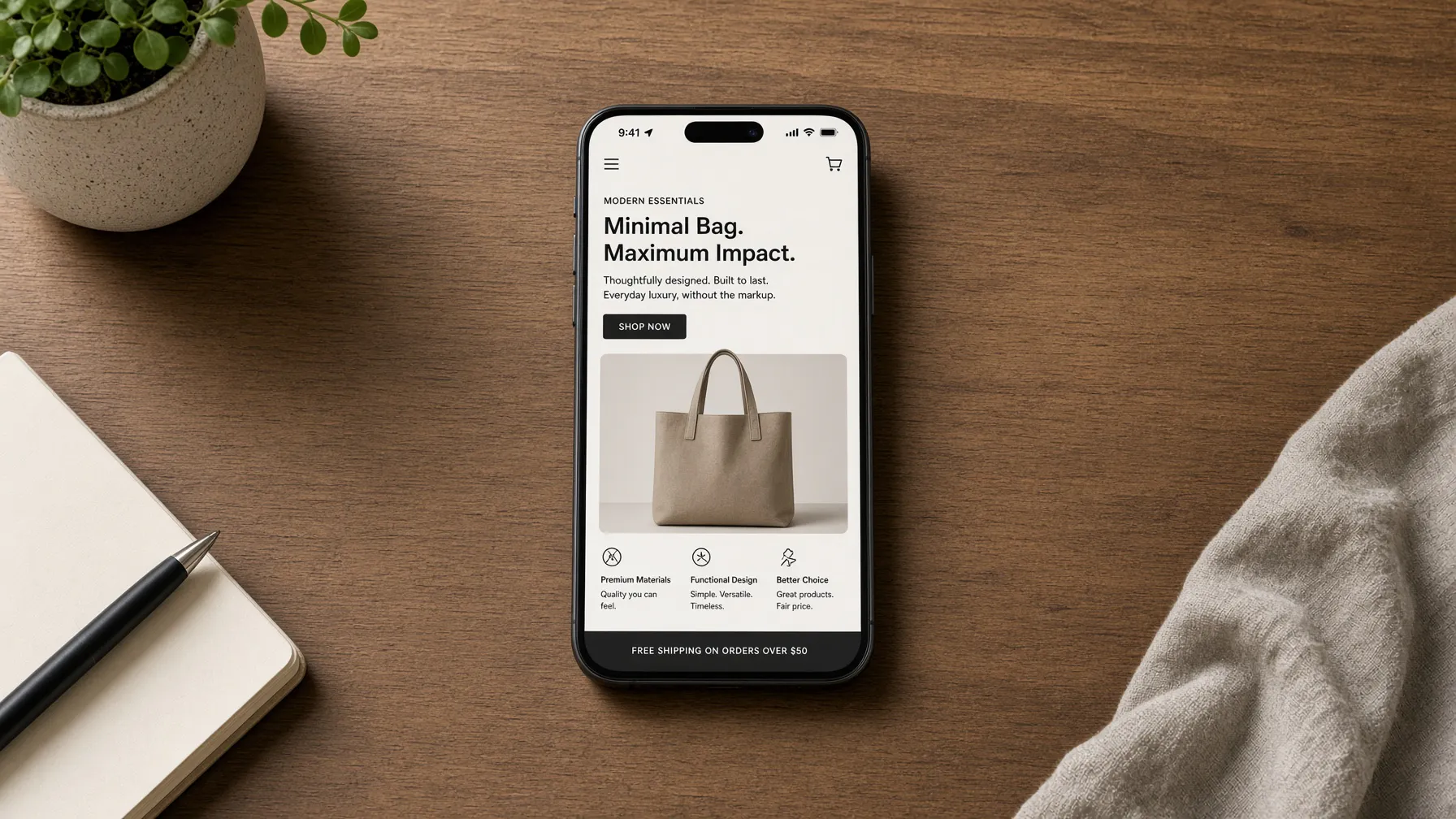 Minimalist workspace with a product landing page on a smartphone