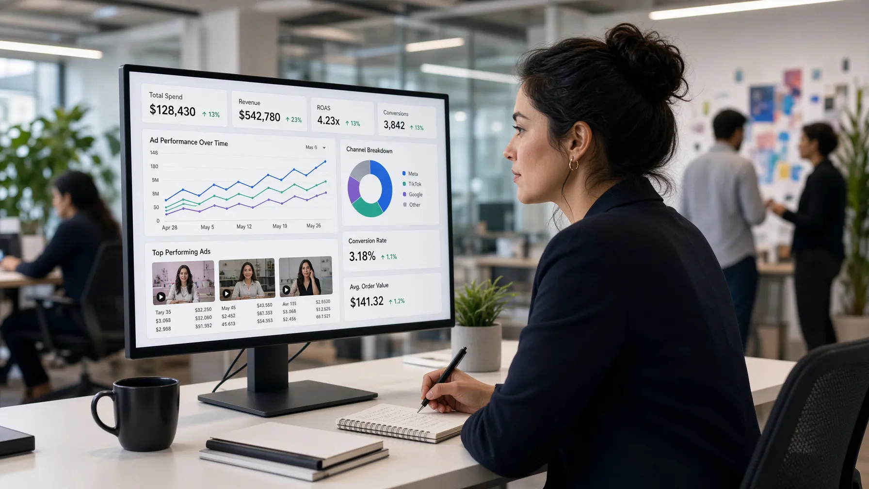 Marketing professional reviewing ad performance metrics