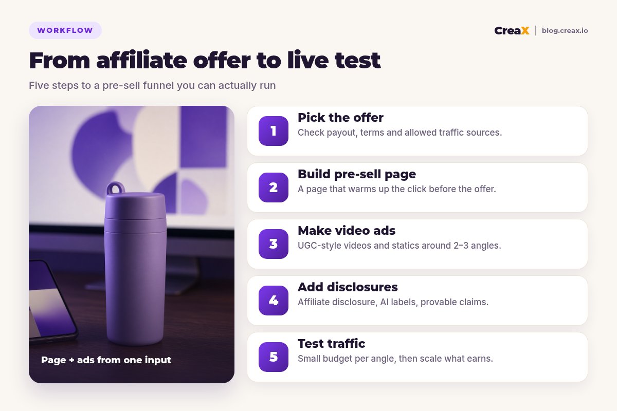 Five-step affiliate workflow: pick the offer, build the pre-sell page, make video ads, add disclosures, and test traffic.