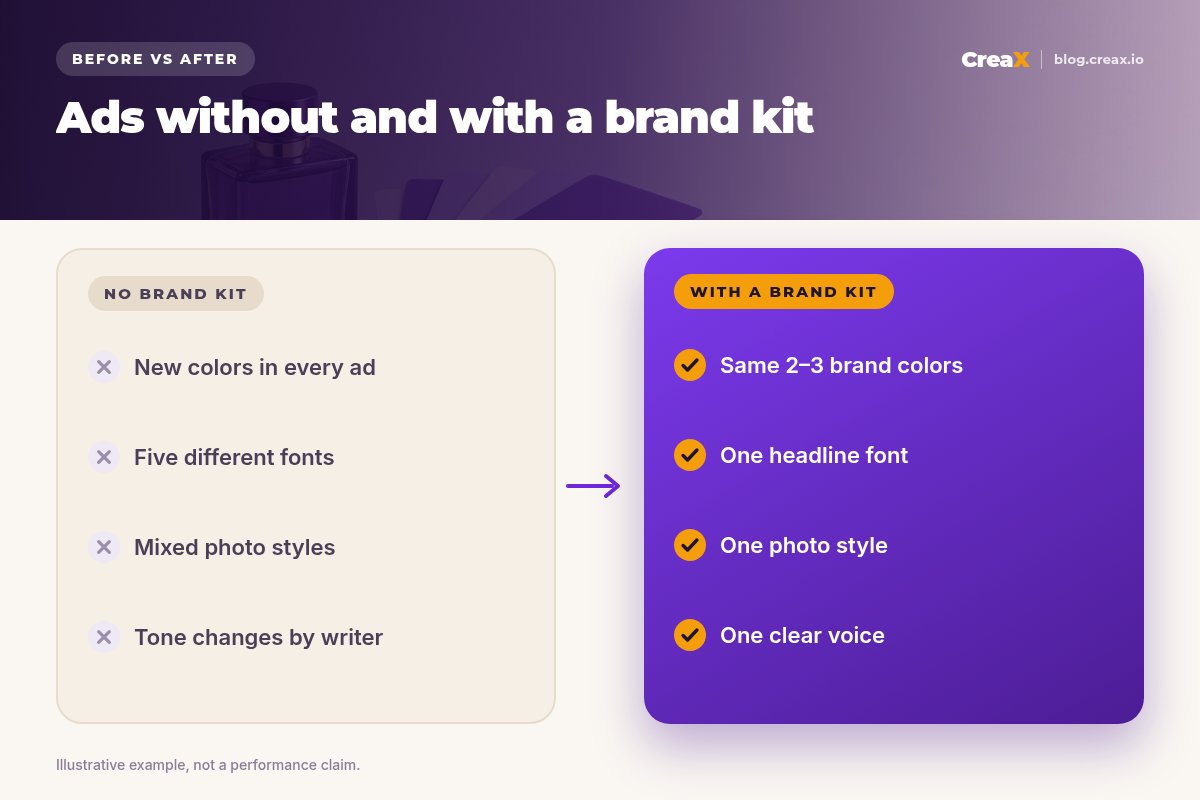 Before and after: ads with no brand kit use new colors, five fonts, mixed photo styles and a changing tone; with a brand kit they use the same two to three colors, one headline font, one photo style and one clear voice.