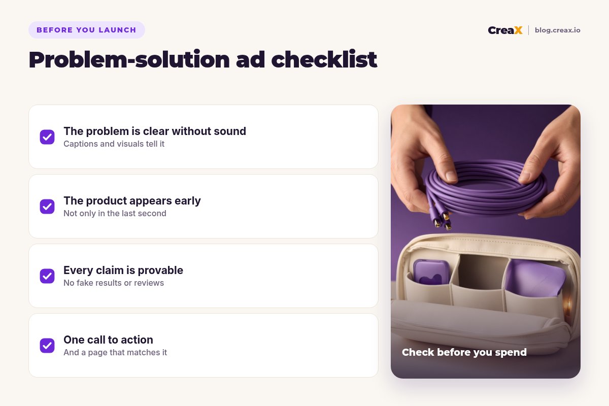Problem-solution ad checklist: the problem is clear without sound, the product appears early, every claim is provable, and there is one call to action with a page that matches it.