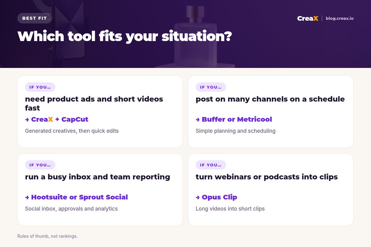 Situation matrix: need product ads and short videos fast, CreaX plus CapCut; post on many channels on a schedule, Buffer or Metricool; run a busy inbox and team reporting, Hootsuite or Sprout Social; turn webinars or podcasts into clips, Opus Clip.