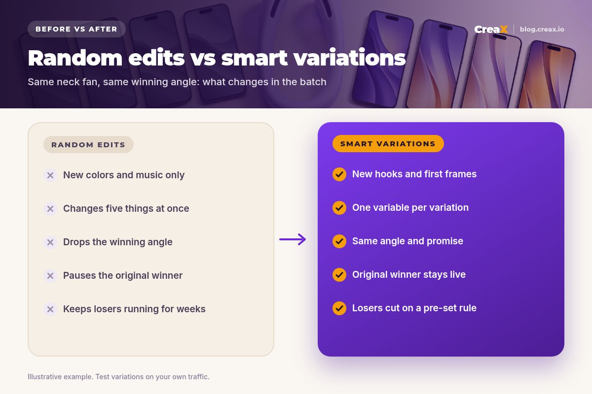 Before and after: random edits (cosmetic changes, many changes at once, winning angle dropped, winner paused, losers kept) vs smart variations (new hooks, one variable each, same angle, winner kept live, losers cut by rule).