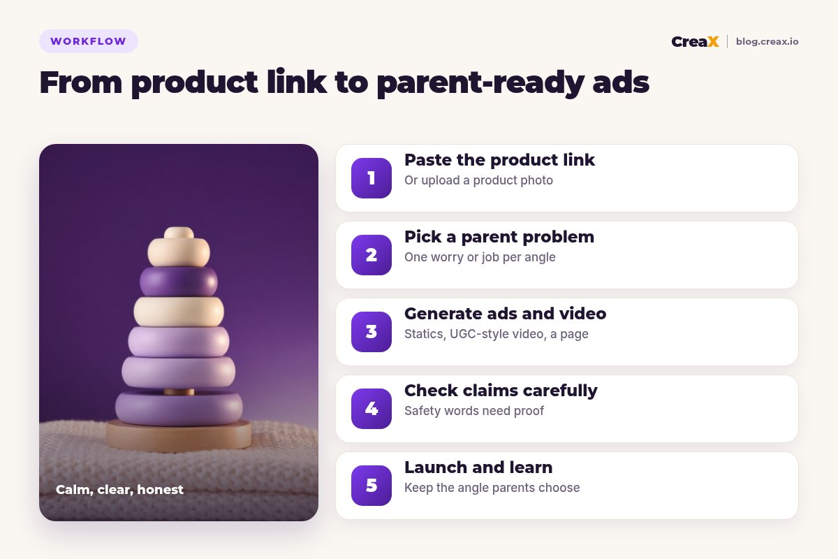 Five-step workflow for baby and kids brands with CreaX: paste the product link, pick a parent problem, generate ads and video, check claims carefully, launch and learn.