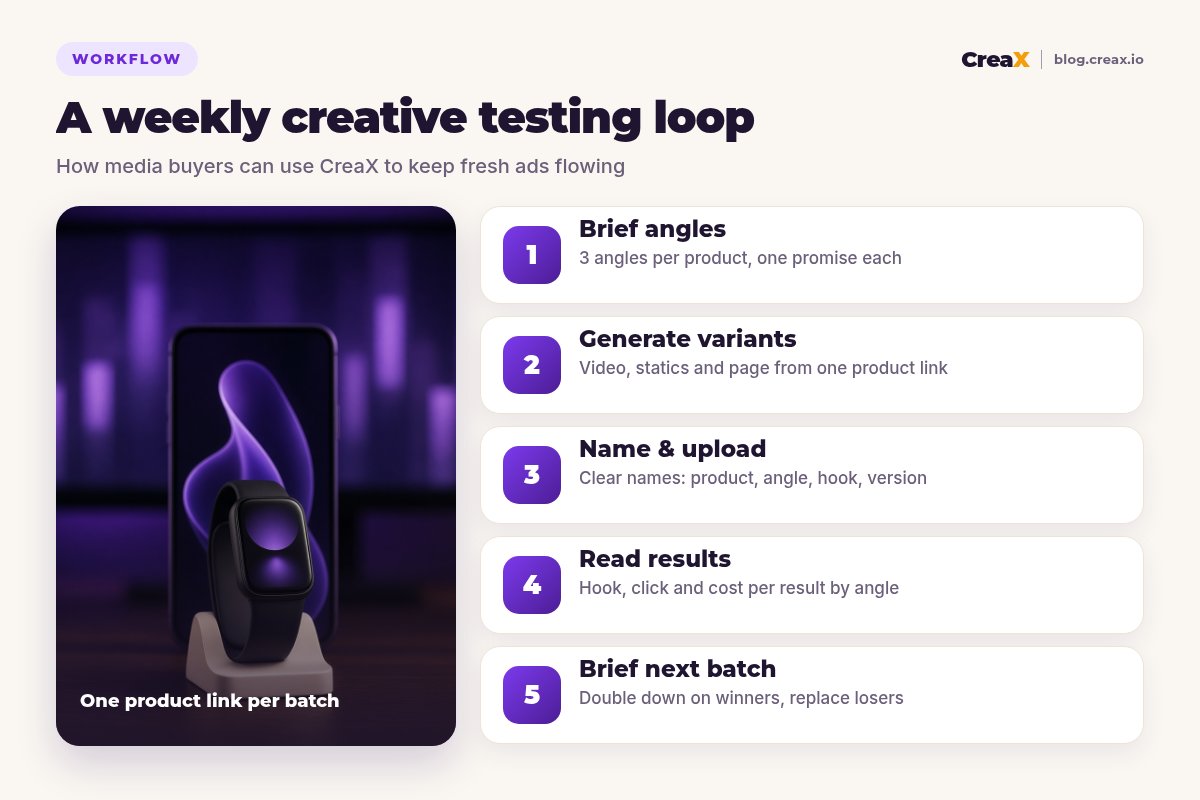 Workflow infographic: a weekly creative testing loop in five steps: brief angles, generate variants, name and upload, read results, brief the next batch.