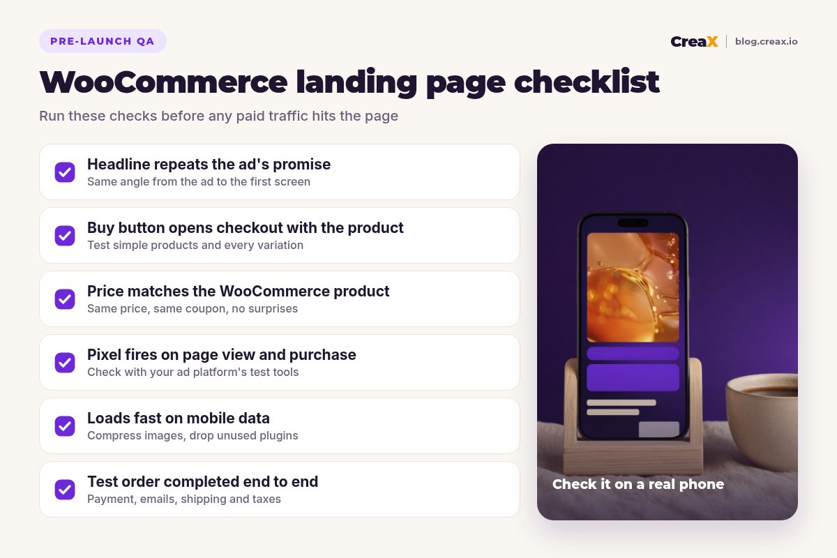 WooCommerce landing page checklist: headline repeats the ad's promise, buy button opens checkout with the product, price matches the WooCommerce product, pixel fires on page view and purchase, loads fast on mobile data, test order completed end to end.