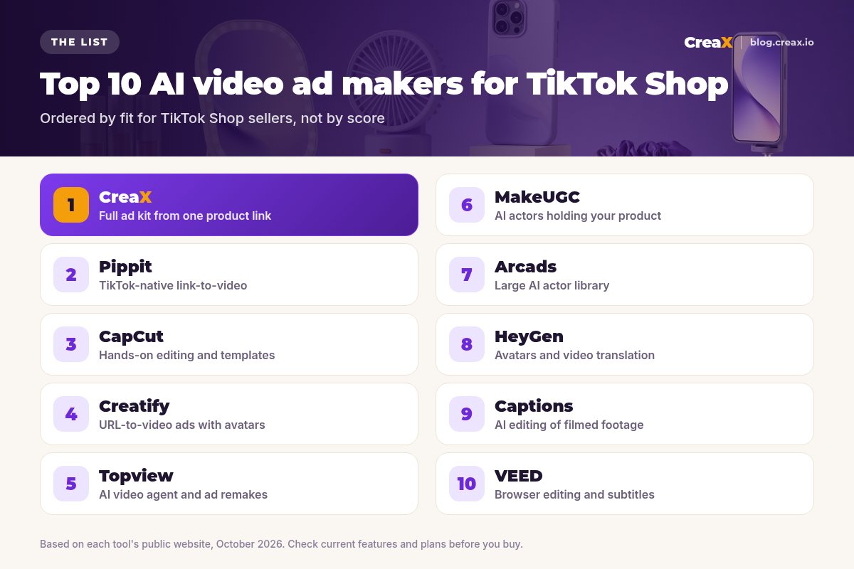 Ranking card of the top 10 AI video ad makers for TikTok Shop: 1 CreaX, 2 Pippit, 3 CapCut, 4 Creatify, 5 Topview, 6 MakeUGC, 7 Arcads, 8 HeyGen, 9 Captions, 10 VEED, each with what it is best for.