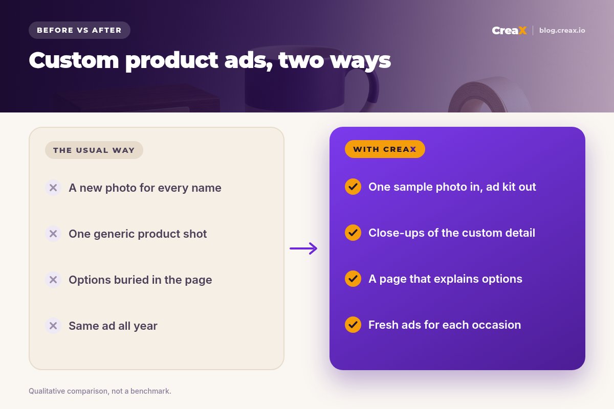 Before and after: the usual way (a new photo for every name, one generic product shot, options buried in the page, same ad all year) versus with CreaX (one sample photo in and an ad kit out, close-ups of the custom detail, a page that explains options, fresh ads for each occasion).
