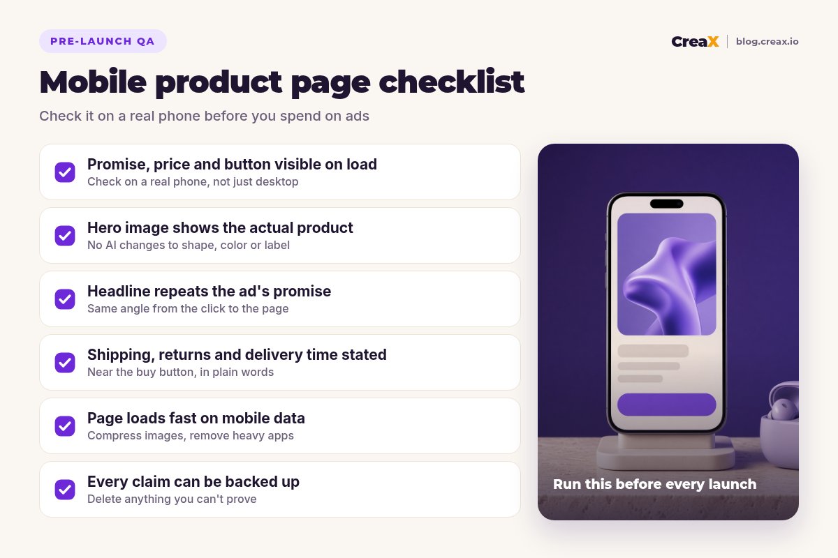Mobile product page QA checklist: promise, price and button visible on load; hero image shows the real product; headline repeats the ad; shipping and returns stated; fast on mobile data; every claim can be backed up.