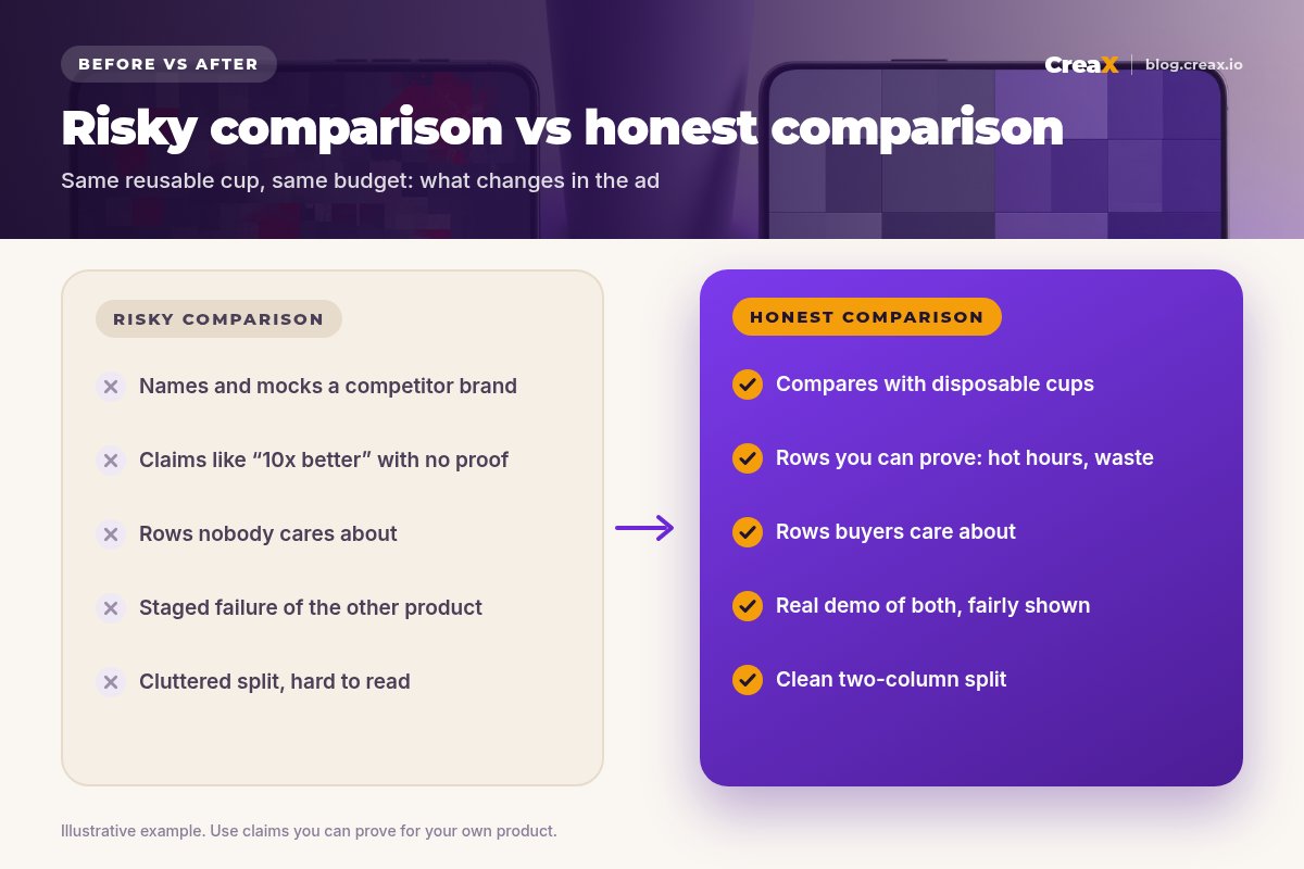 Before and after: a risky comparison ad (mocks a named brand, unproven claims, irrelevant rows, staged failure, cluttered) vs an honest one (compares with a category, provable rows, buyer-relevant rows, fair demo, clean split).