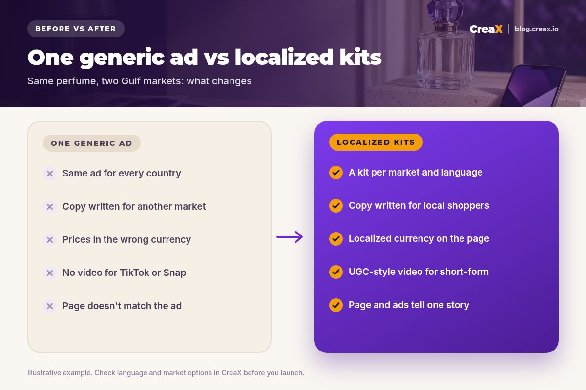 Before and after: one generic ad (same ad everywhere, wrong market copy, wrong currency, no video, mismatched page) vs localized kits (per market and language, local copy, localized currency, UGC-style video, matching page and ads).