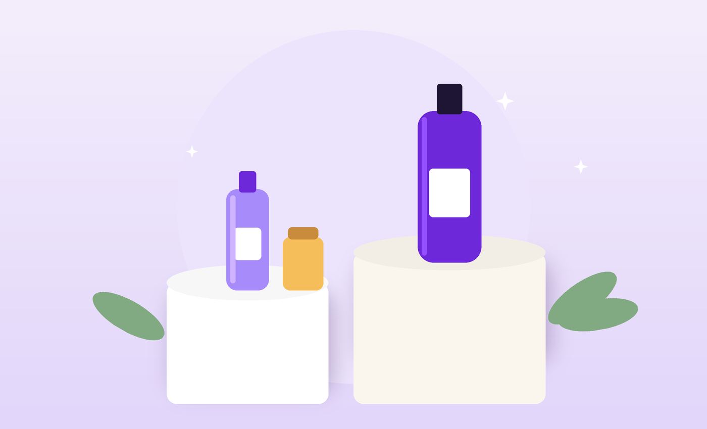 Clean ecommerce product shot of purple and amber bottles on cream display podiums