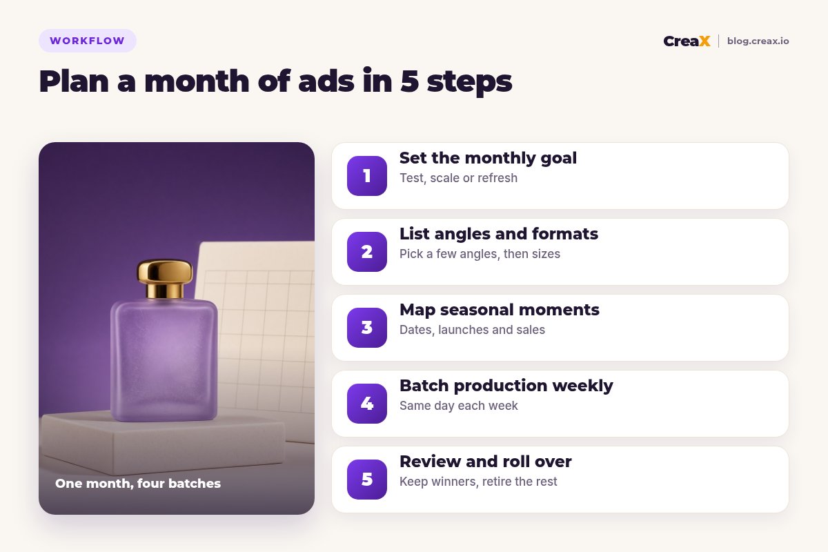Five-step workflow for a monthly ad creative calendar: set the monthly goal, list angles and formats, map seasonal moments, batch production weekly, review and roll over.