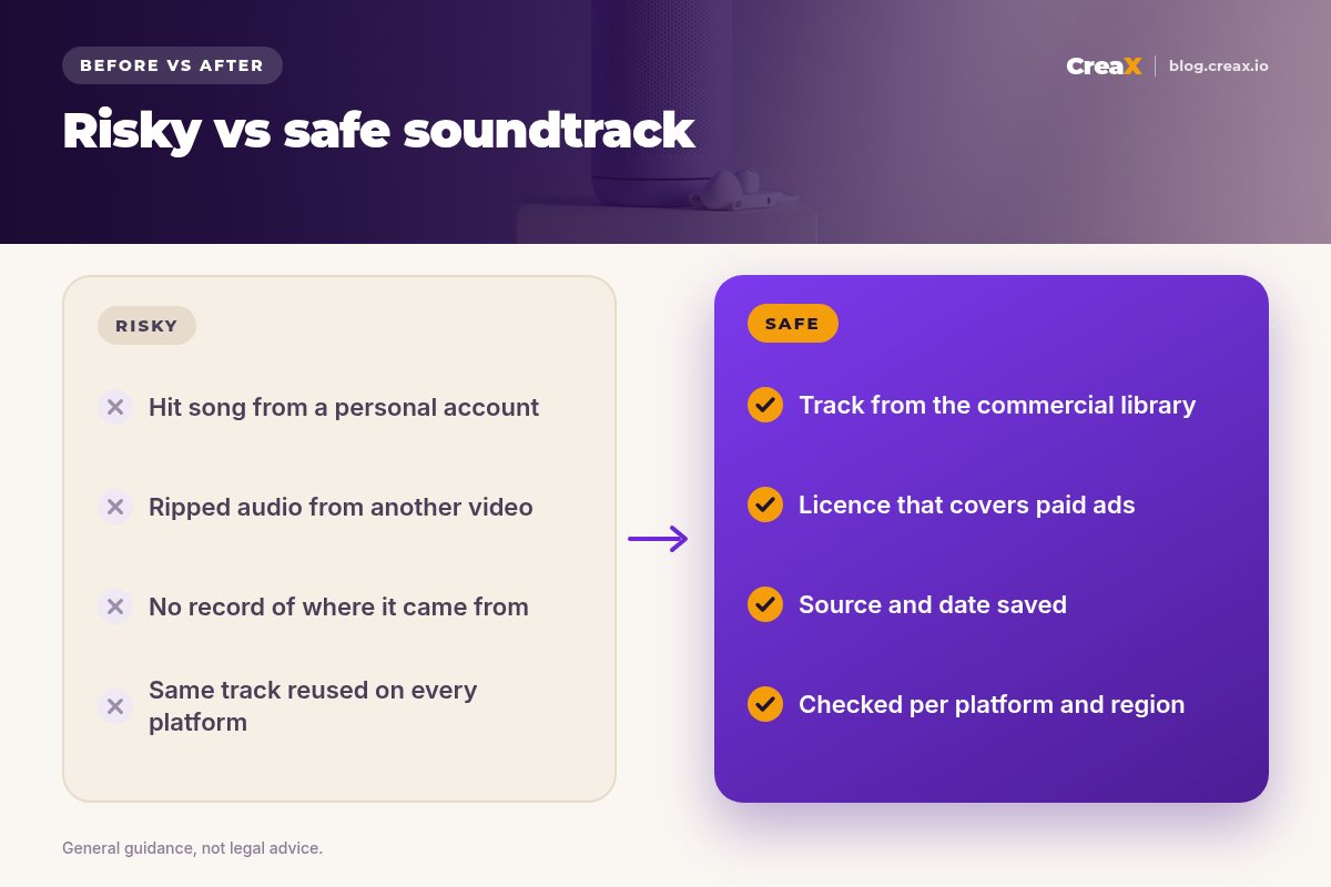Before and after: a risky soundtrack (hit song from a personal account, ripped audio, no record of the source, same track on every platform) versus a safe one (commercial library track, licence that covers paid ads, source and date saved, checked per platform and region).
