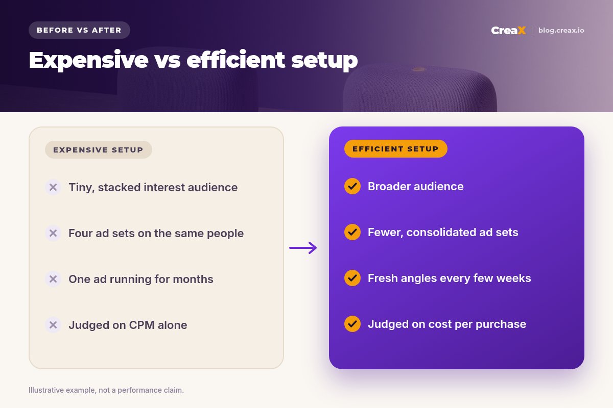 Before and after: an expensive setup with a tiny stacked audience, four overlapping ad sets, one ad for months and judging on CPM alone, versus an efficient setup with a broader audience, consolidated ad sets, fresh angles and judging on cost per purchase.