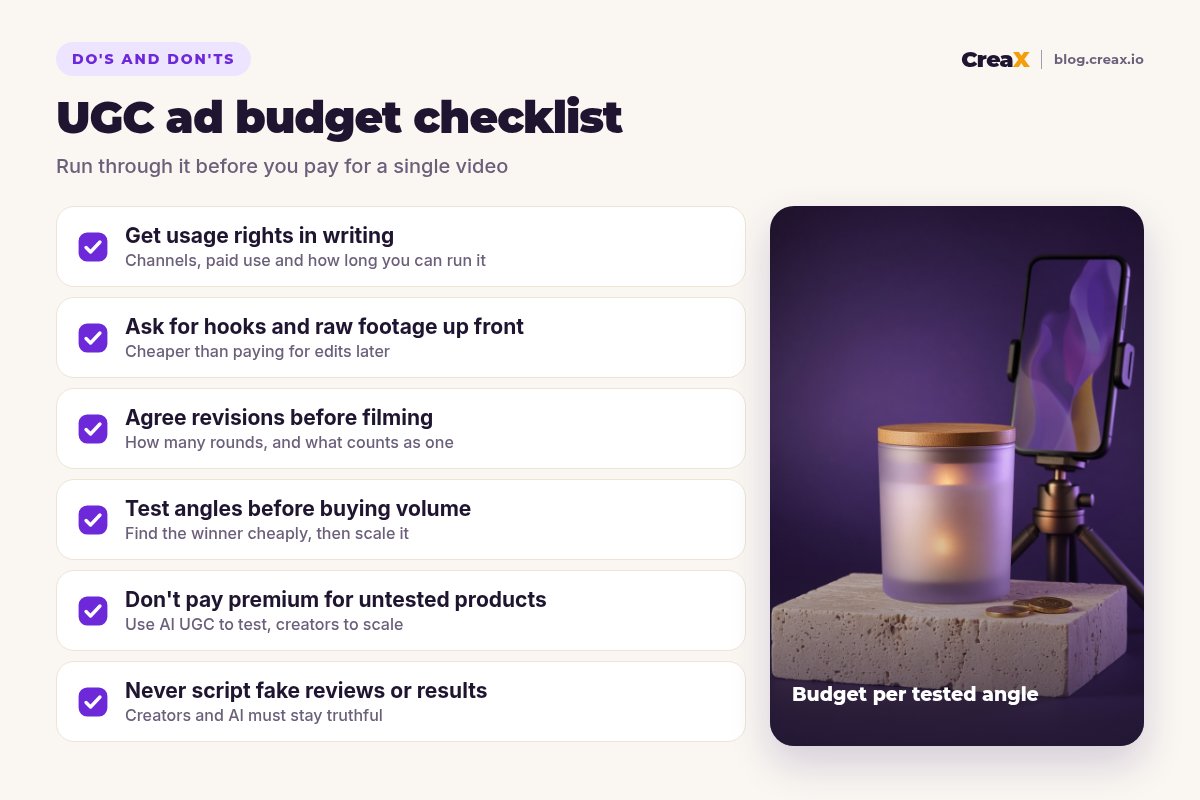 UGC ad budget checklist: get usage rights in writing, ask for hooks and raw footage up front, agree revisions before filming, test angles before buying volume, don't pay premium for untested products, never script fake reviews or results.