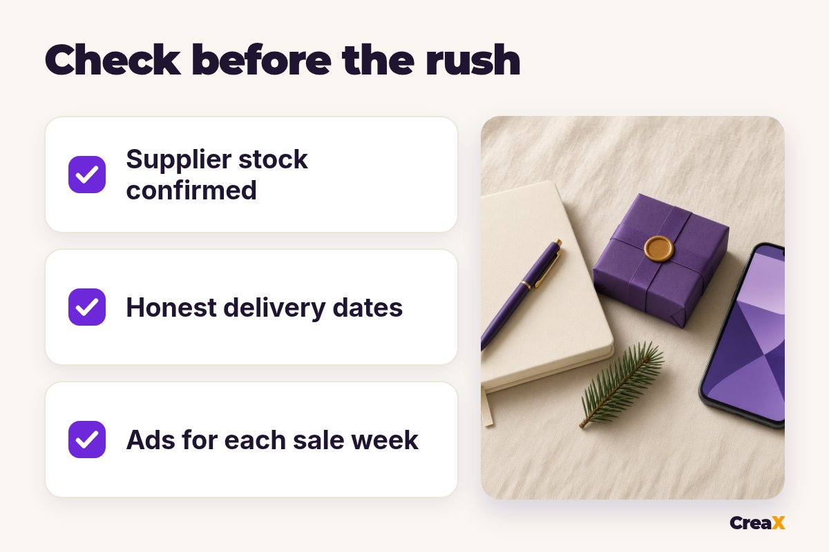 Checklist before the holiday rush: supplier stock confirmed, honest delivery dates, ads for each sale week.