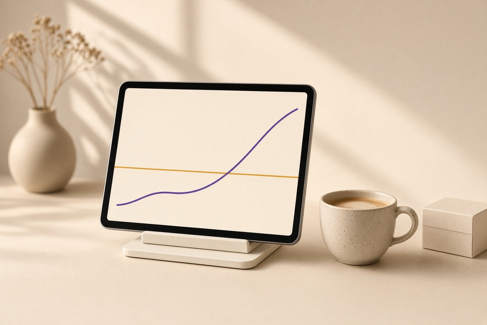A tablet on a stand on a warm cream desk showing an abstract violet line chart rising above a flat amber horizontal threshold line, with no numbers or labels, a coffee cup and a small product box nearby
