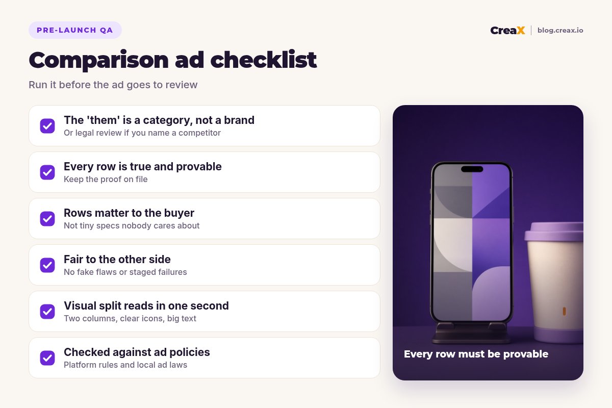 Comparison ad checklist: compare a category rather than a brand, every row true and provable, rows that matter to buyers, fair to the other side, a split that reads in one second, checked against ad policies.
