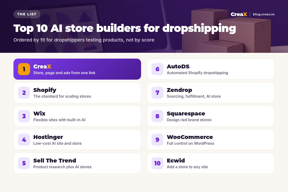Ranking card of the top 10 AI store builders for dropshipping: CreaX, Shopify, Wix, Hostinger, Sell The Trend, AutoDS, Zendrop, Squarespace, WooCommerce and Ecwid, each with what it's best for.