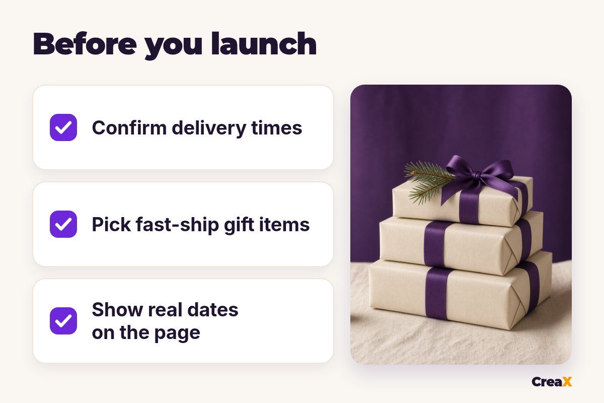 Checklist before you launch a late Christmas product: confirm delivery times, pick fast-ship gift items, show real dates on the page.