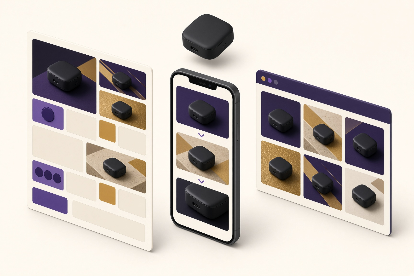 Isometric scene of a landing-page layout, a phone showing a three-shot product video, and a store window of product tiles, all built from one small black device
