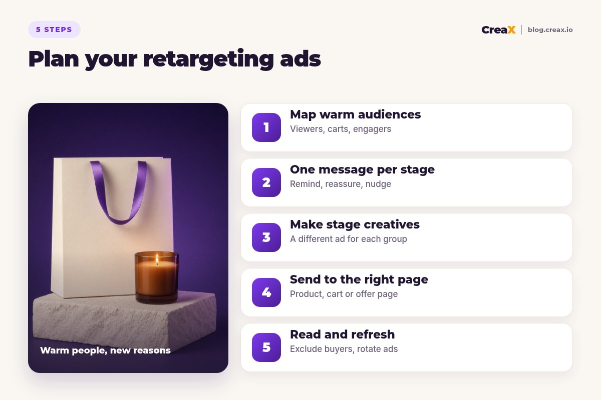 Five-step diagram for planning retargeting ads: map warm audiences (viewers, carts, engagers), one message per stage, make stage-specific creatives, send each ad to the right page, read results and refresh.