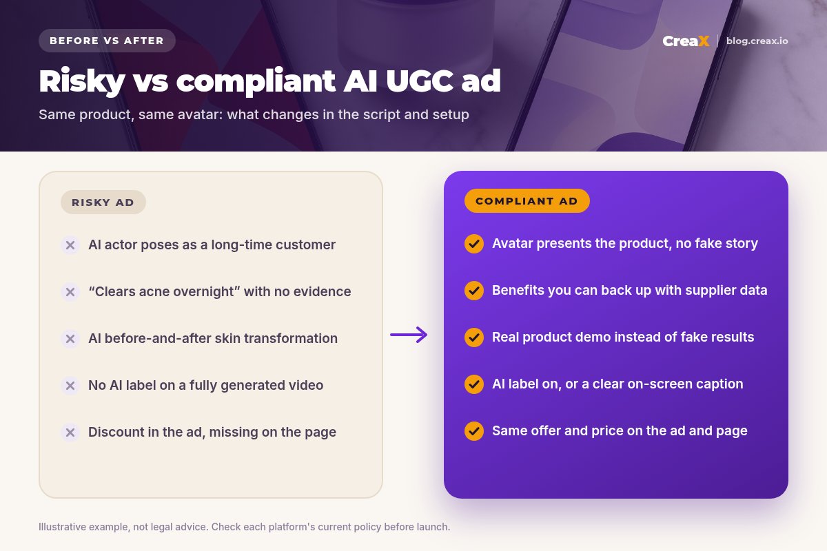 Before and after panel: a risky AI UGC ad with an AI actor posing as a customer, an unproven overnight claim, an AI before-and-after, no AI label and a mismatched discount, versus a compliant ad with a product presenter, provable benefits, a real demo, an AI label and a matching offer.