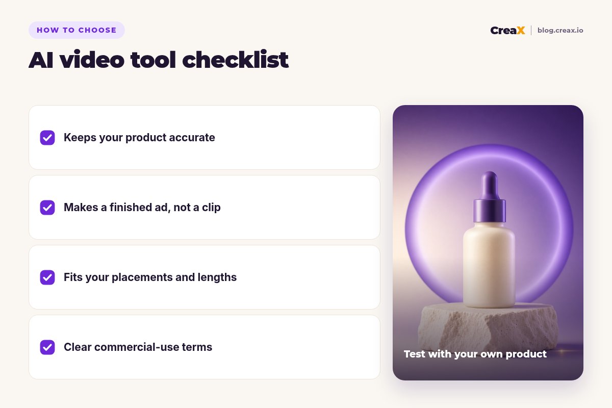 Checklist for choosing an AI video generator for product ads: keeps your product accurate, makes a finished ad not just a clip, fits your placements and lengths, clear commercial-use terms. Tag: test with your own product.